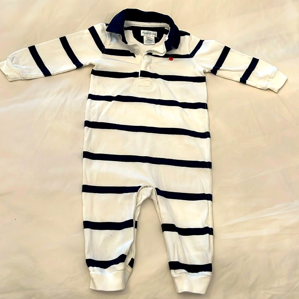 Ralph Lauren Baby White w/ Navy Blue Stripe & blue collar Red RL Logo Sz 9 month